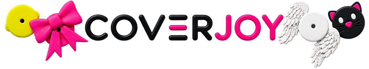 A stylized logo or graphic reading COVERJOY black and bright pink, with decorative elements including a basic yellow coverjoy, a bright pink bow coverjoy, a white wings coverjoy, and a black cat with pink ears, pink nose and white eyes.